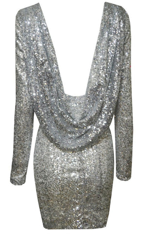 Sequin Drape Open Back  Dress Silver