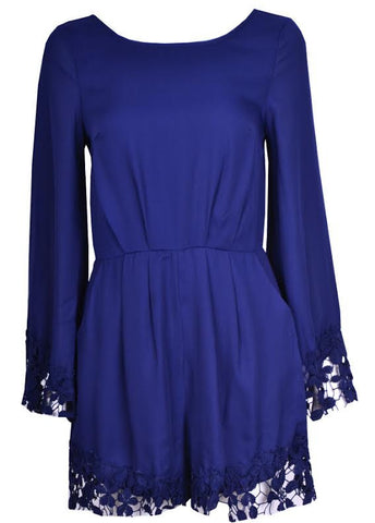 V Back Doilies Trim Romper Blue