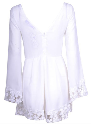 V Back Doilies Trim Romper White