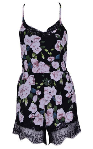 Purple Floral Romper - Black